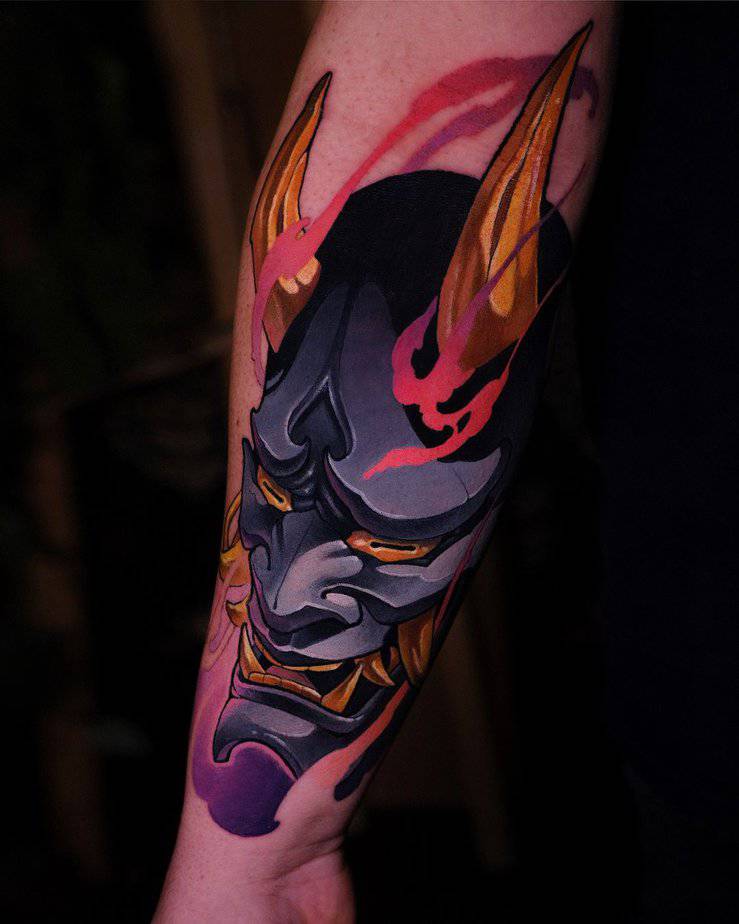 Dark Hannya mask with piercing golden eyes