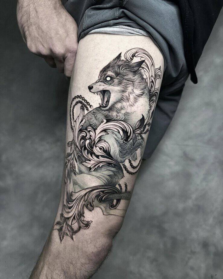 Intricate wolf dance tattoo