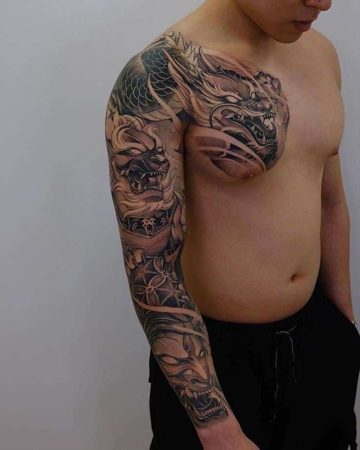 Full sleeve Hannya in black and grey