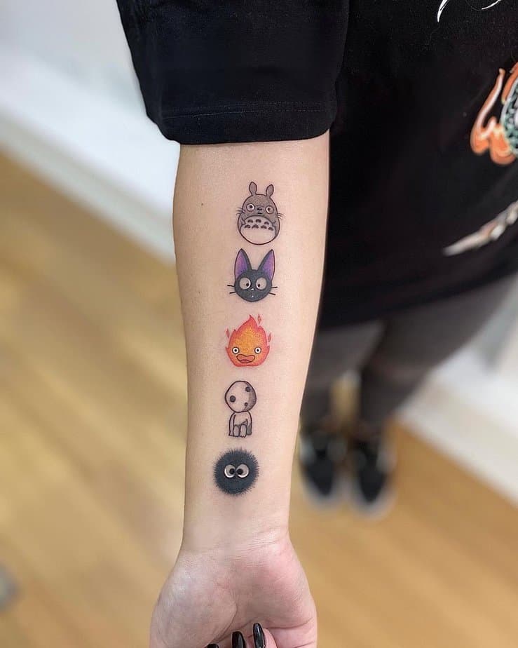 Totoro, Jiji, Calcifer, Kodama, and a Soot Sprite stacked together