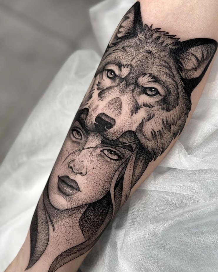 Woman with wolf headdress tattoo