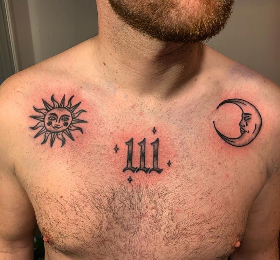 Celestial 111 chest tattoo