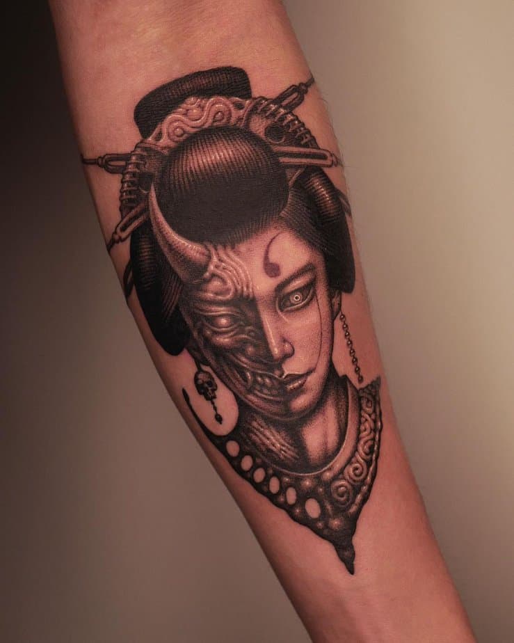 Geisha face paired with a Hannya half-mask