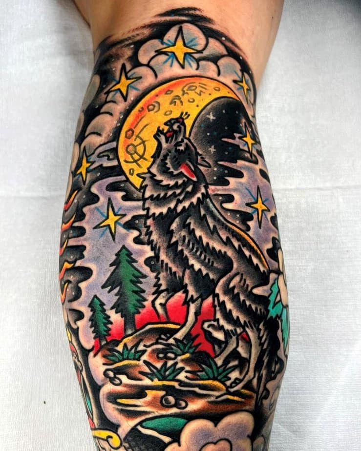 Colorful moonlit wolf tattoo