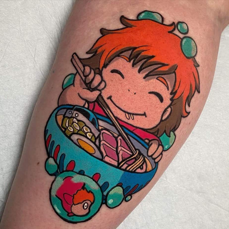 Ponyo happily eating a big bowl of ramen