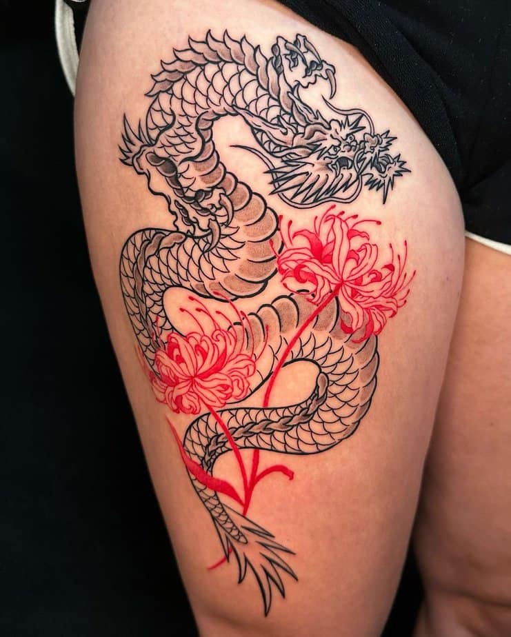 Dragon and red spider lily tattoo