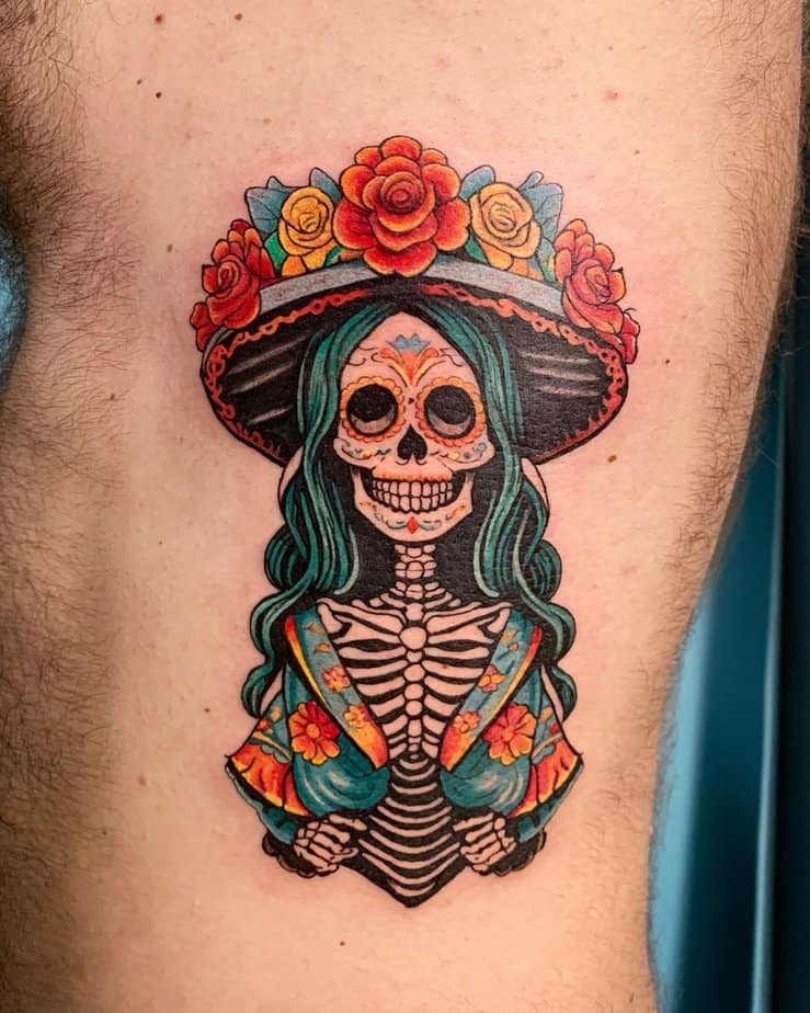Flower skeleton Santa Muerte tattoo