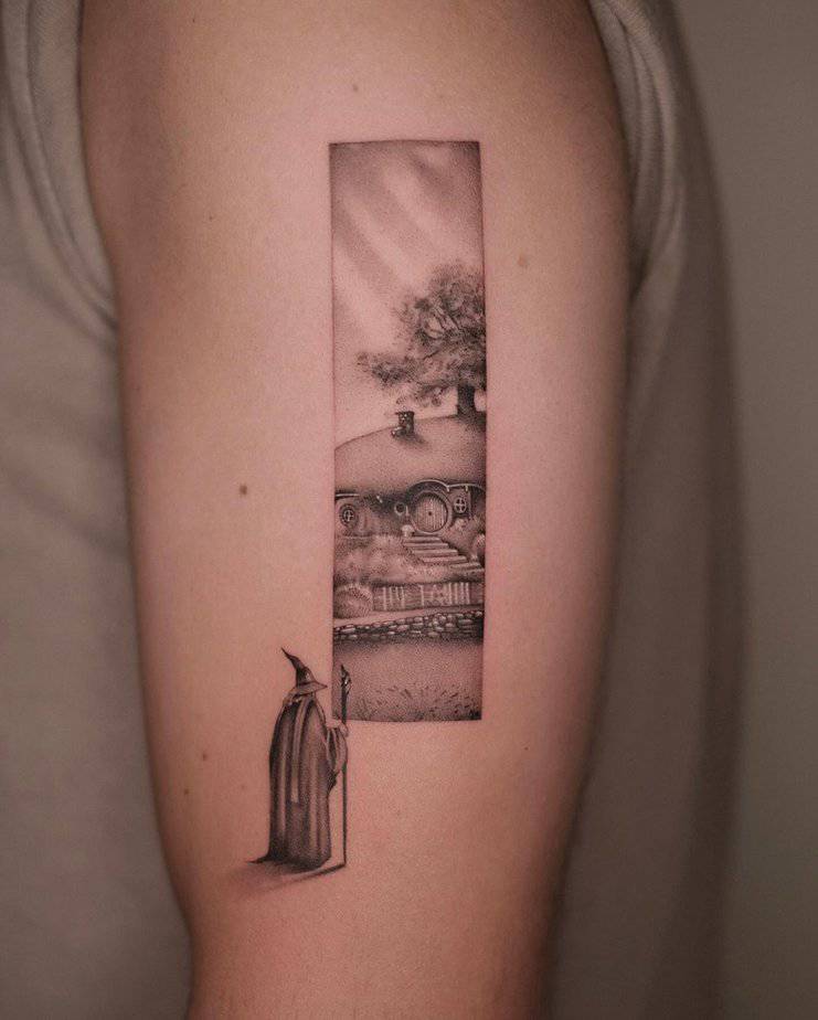 Gandalf gazing toward the Shire in silhouette