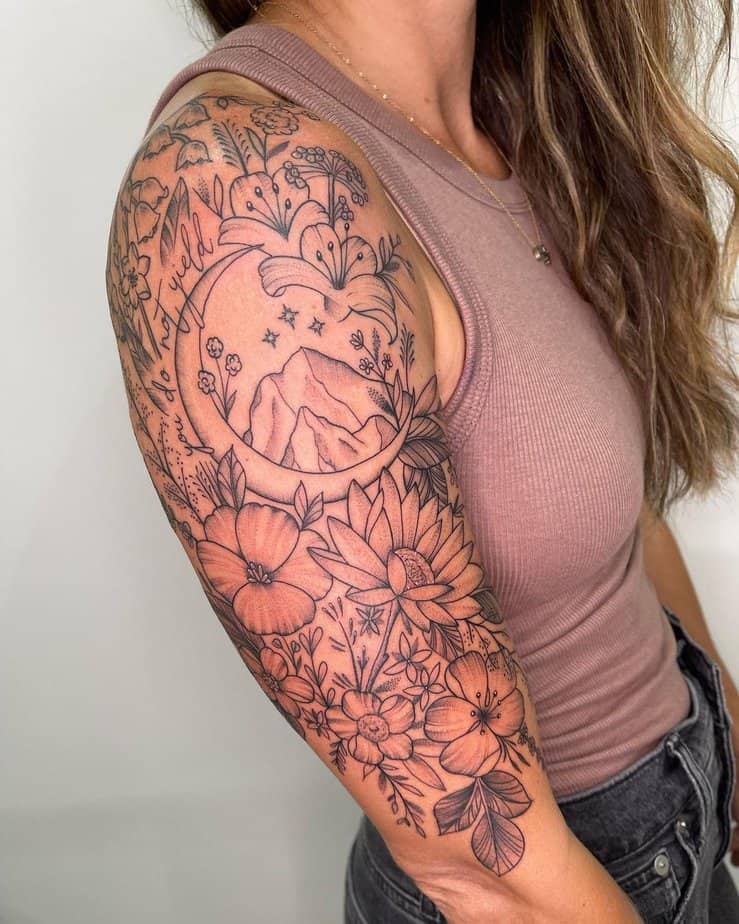 Half-sleeve wildflower tattoo