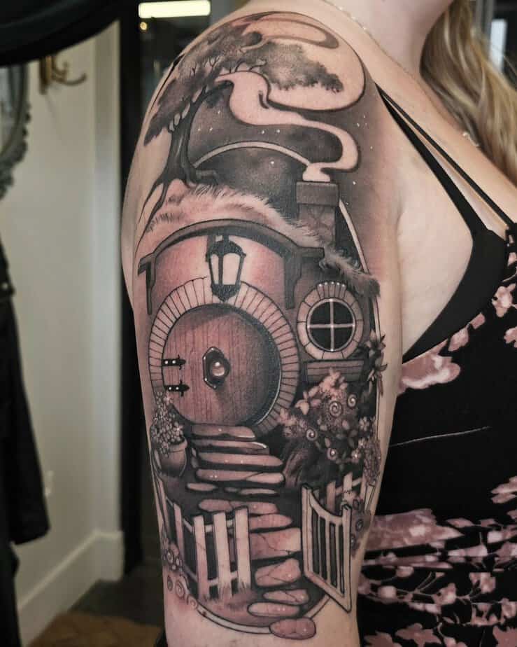 Cozy Hobbit hole with round door under a starry sky