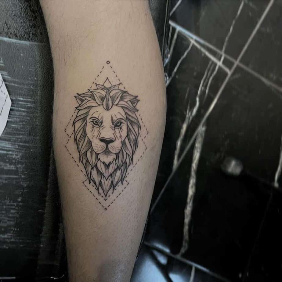 Symmetrical fine-line lion tattoo