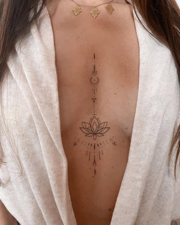 Ornamental lotus sternum tattoo