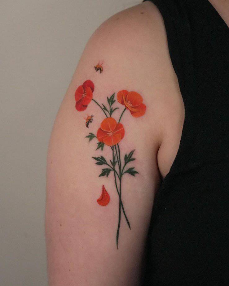 Poppies and honeybees tattoo
