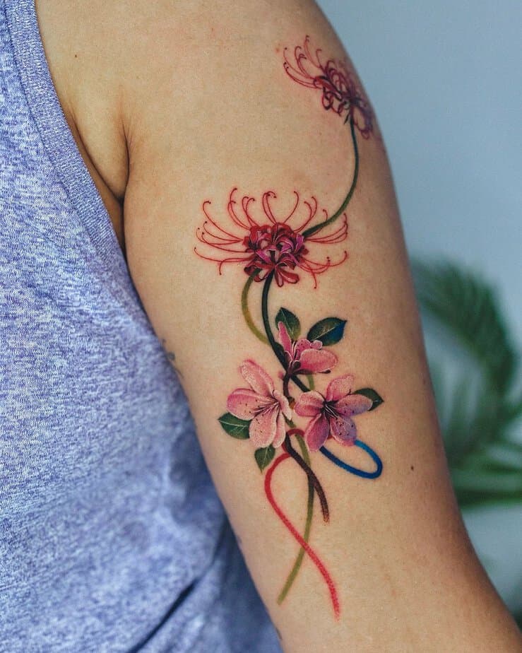 Red spider lilies and cherry blossoms