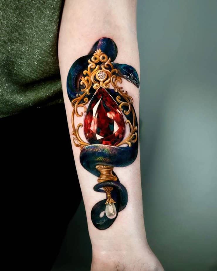 Neon snake coiled around a ruby