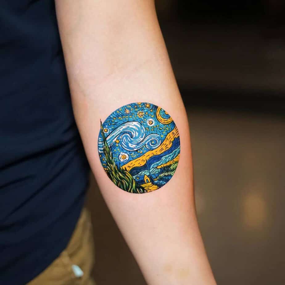 Starry Night comic-style circle tattoo