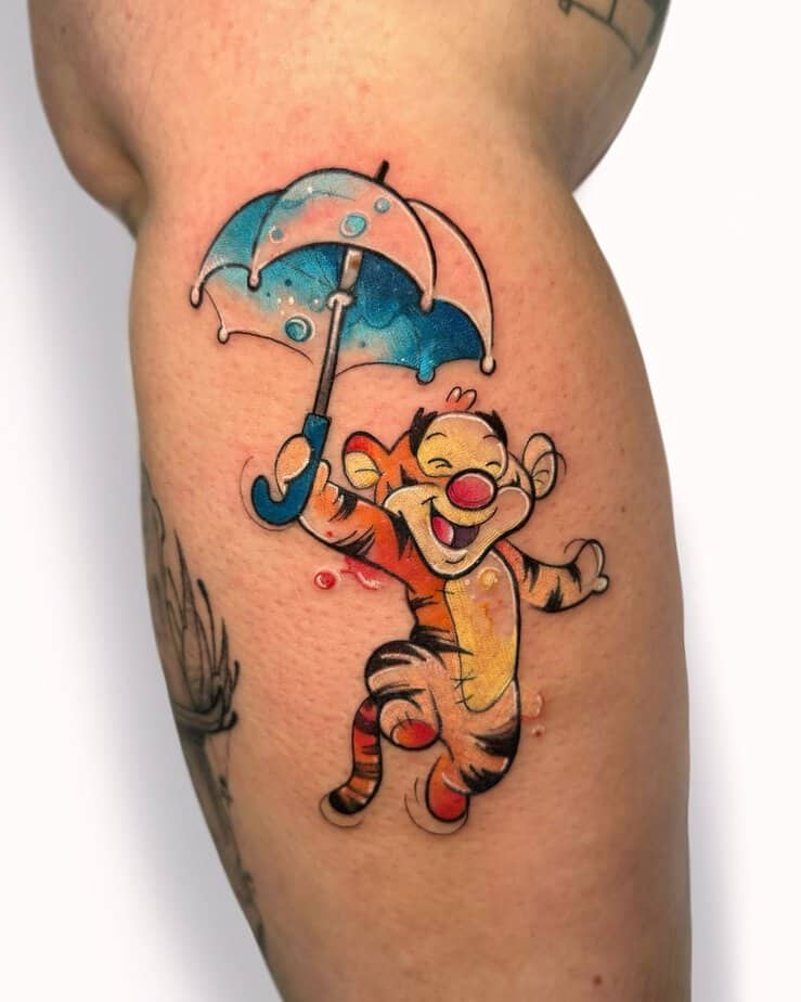 Tigger jumping under umbrella watercolor tattoo