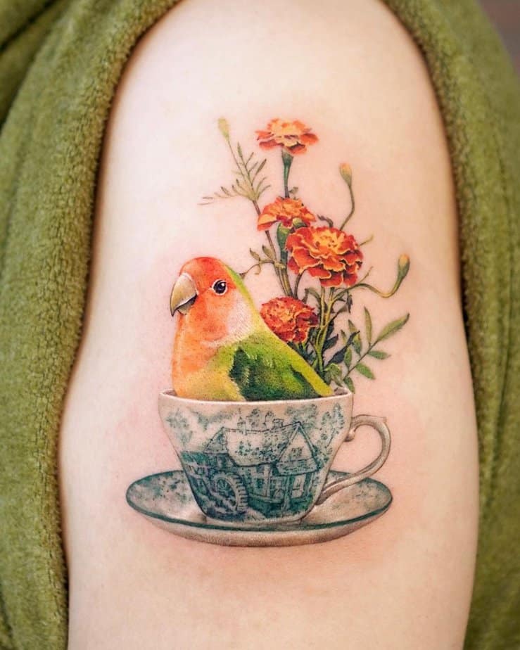 Toile de Jouy teacup marigold and parrot