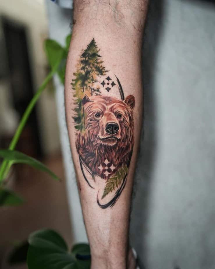 14. A colorful bear scene on the leg