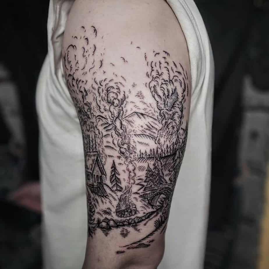 Winter landscape half-sleeve tattoo